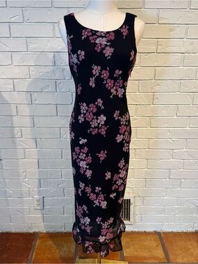 Vintage Y2K Alfred Dunner Black Floral Ruffle Dress Womens M
